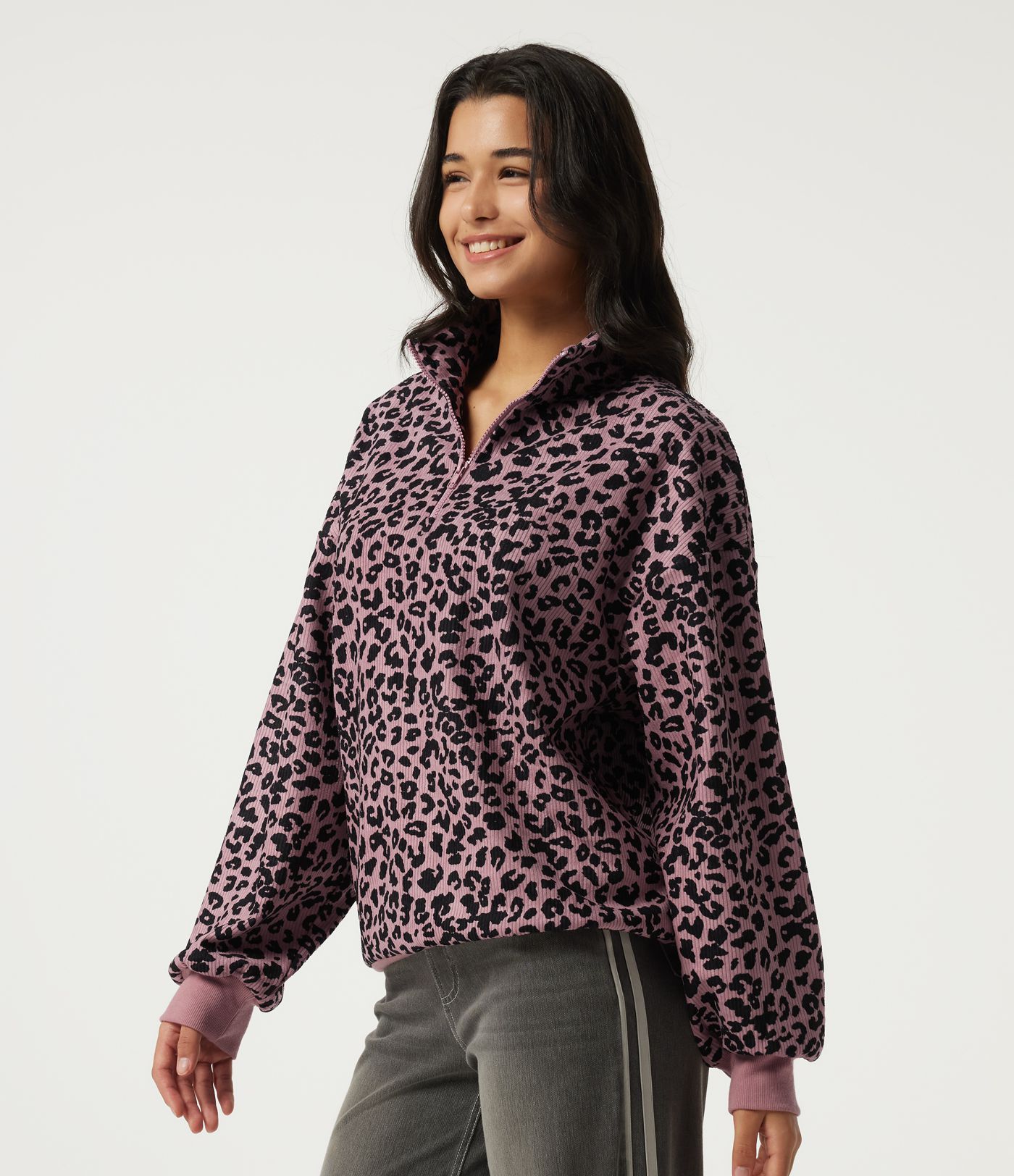 Stand Collar Long Sleeve Leopard Print Casual Top