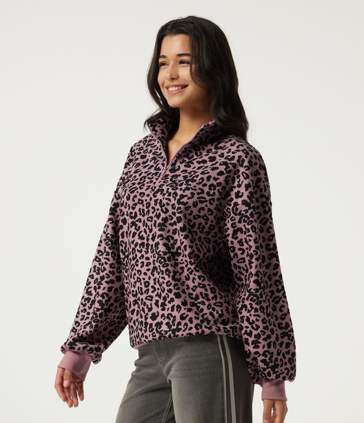 Stand Collar Long Sleeve Leopard Print Casual Top