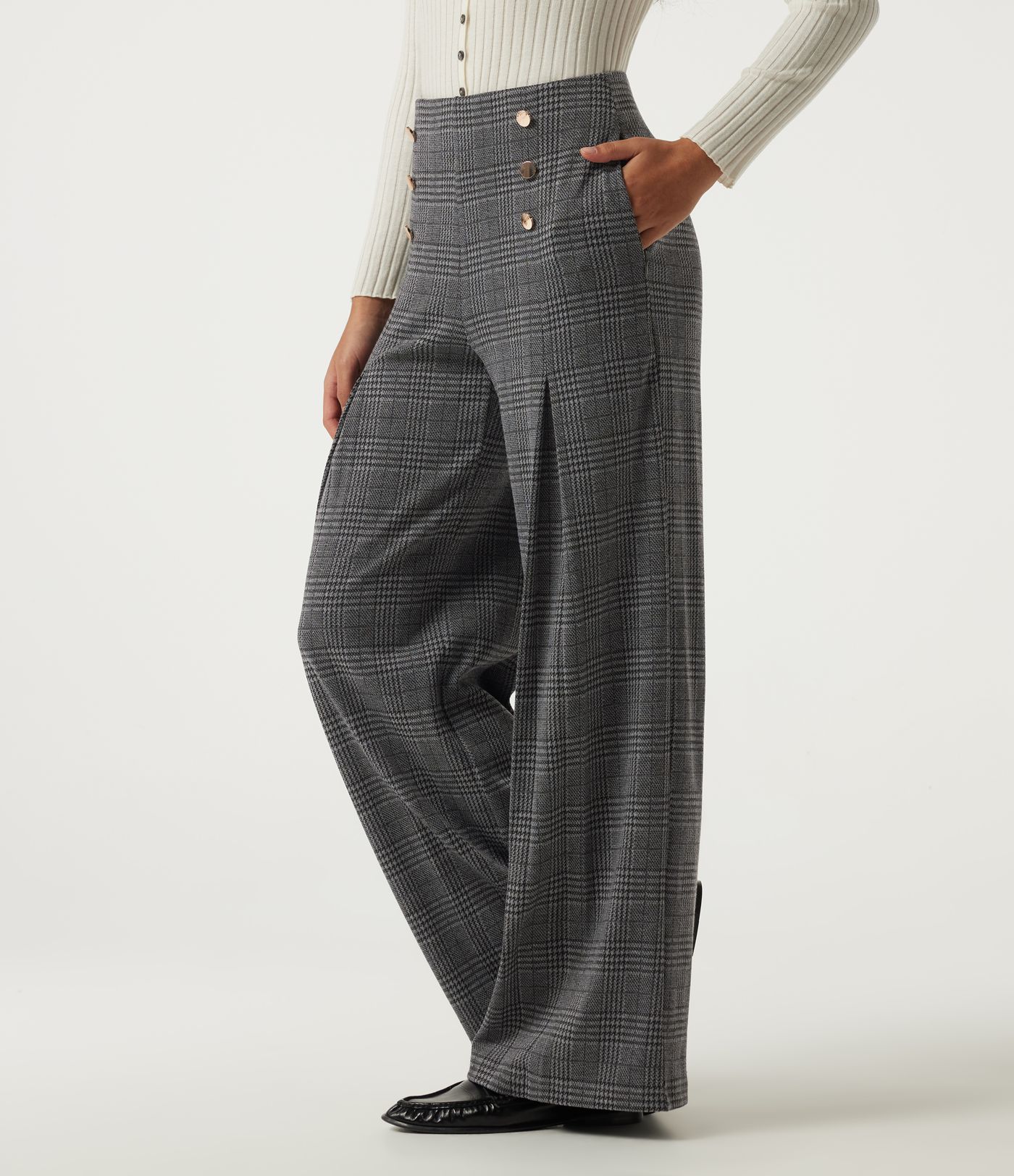 Halara Flex™ - Bürohose mit hohem Bund, Seitentaschen, Karomuster und weitem Bein Halara Flex™ - Bürohose mit hohem Bund, Seitentaschen, Karomuster und weitem Bein