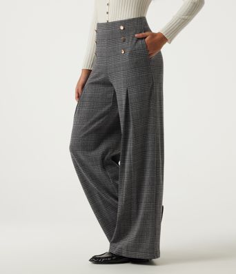 Halara Flex™ - Bürohose mit hohem Bund, Seitentaschen, Karomuster und weitem Bein Halara Flex™ - Bürohose mit hohem Bund, Seitentaschen, Karomuster und weitem Bein