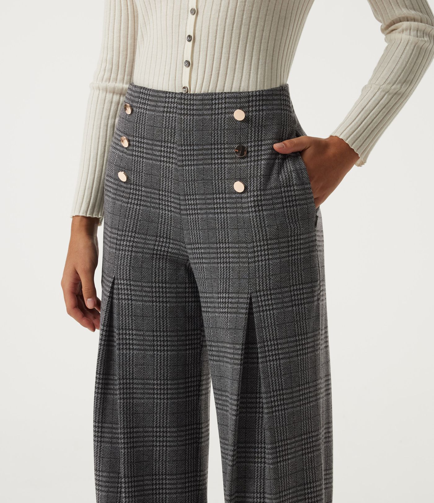 Halara Flex™ - Bürohose mit hohem Bund, Seitentaschen, Karomuster und weitem Bein Halara Flex™ - Bürohose mit hohem Bund, Seitentaschen, Karomuster und weitem Bein