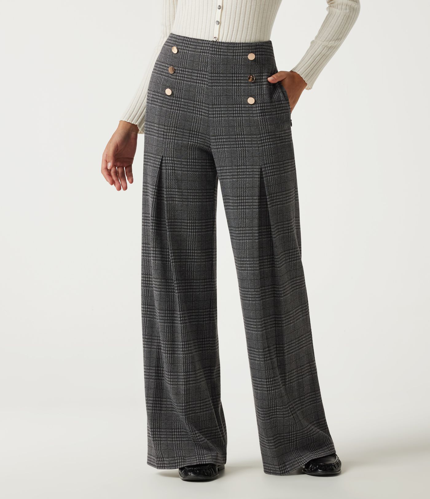 Halara Flex™ - Bürohose mit hohem Bund, Seitentaschen, Karomuster und weitem Bein Halara Flex™ - Bürohose mit hohem Bund, Seitentaschen, Karomuster und weitem Bein