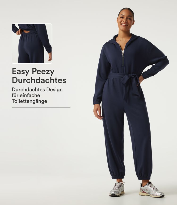 Midnight Blue Lässiger Jogger-Jumpsuit mit Kapuze, Seitentaschen, langen Ärmeln, halbem Reißverschluss und Bindeband vorne - Easy Peezy Edition / 1
