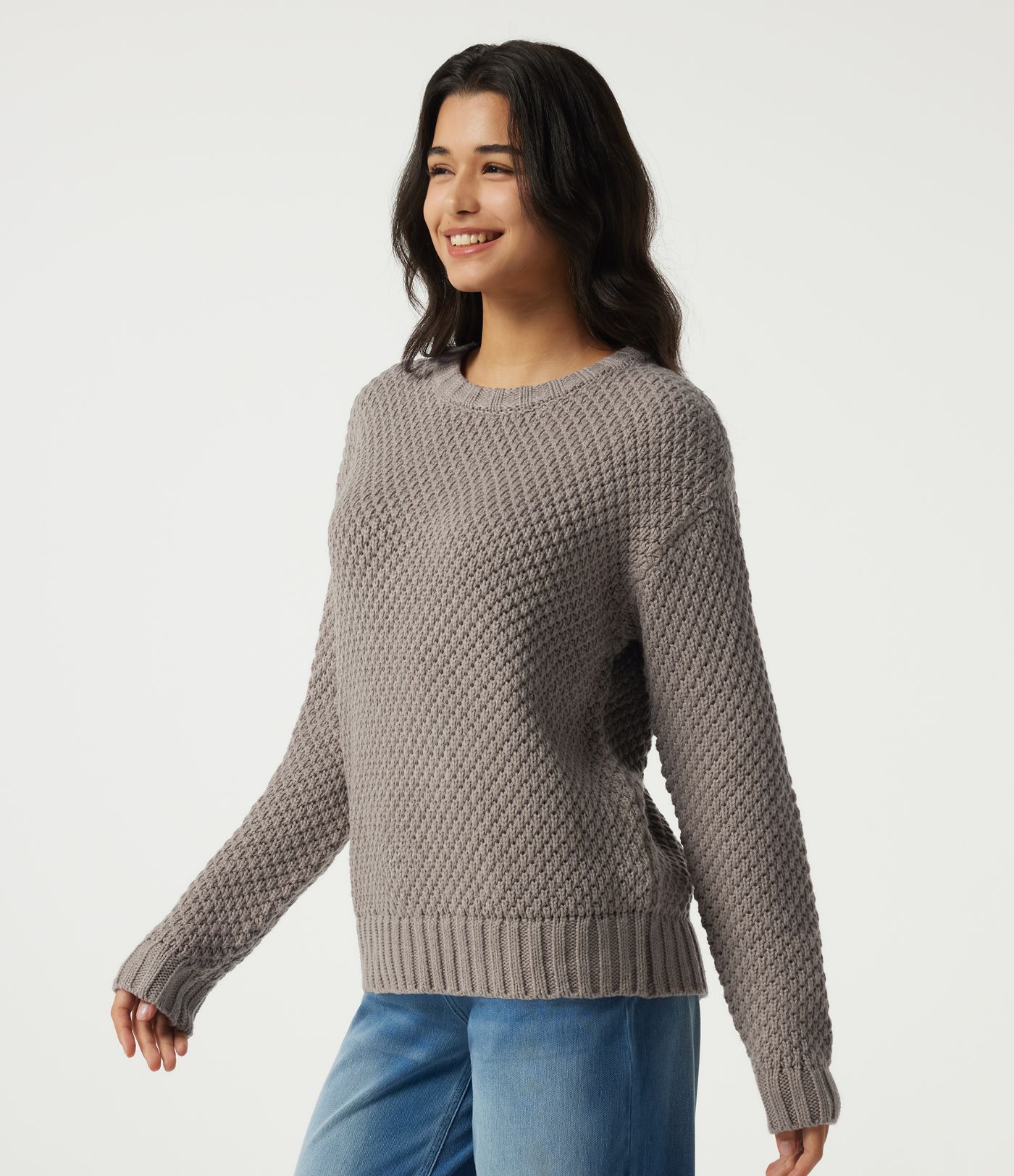 Round Neck Dropped Shoulder Long Sleeve Work Sweater Round Neck Dropped Shoulder Long Sleeve Work Sweater