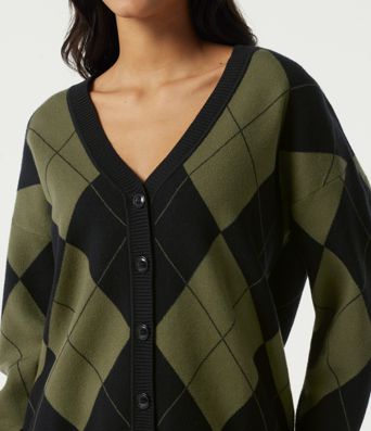 V Neck Long Sleeve Diamond Check Casual Cardigan V Neck Long Sleeve Diamond Check Casual Cardigan