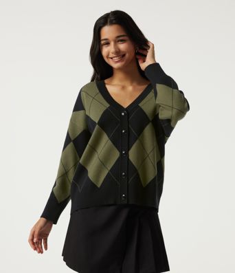 V Neck Long Sleeve Diamond Check Casual Cardigan V Neck Long Sleeve Diamond Check Casual Cardigan