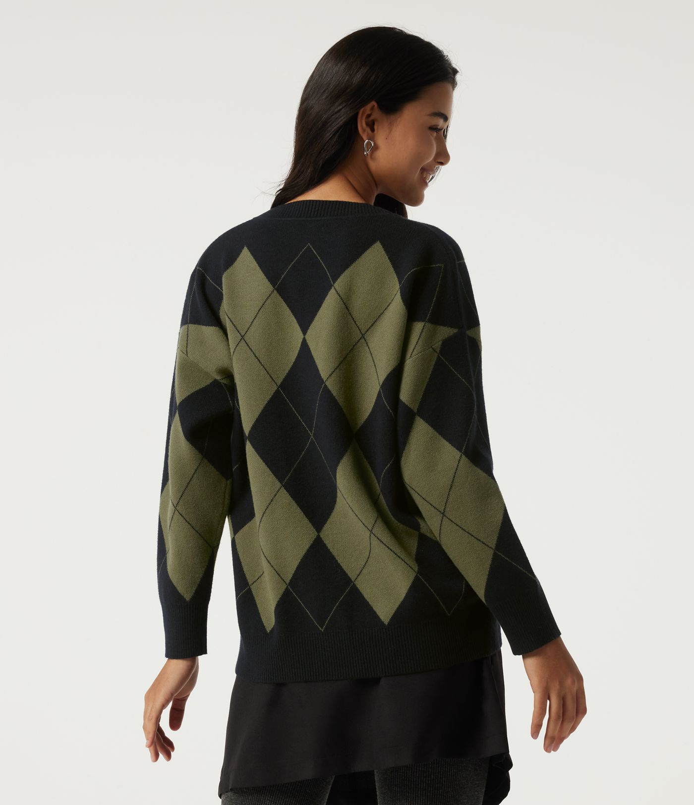 V Neck Long Sleeve Diamond Check Casual Cardigan V Neck Long Sleeve Diamond Check Casual Cardigan