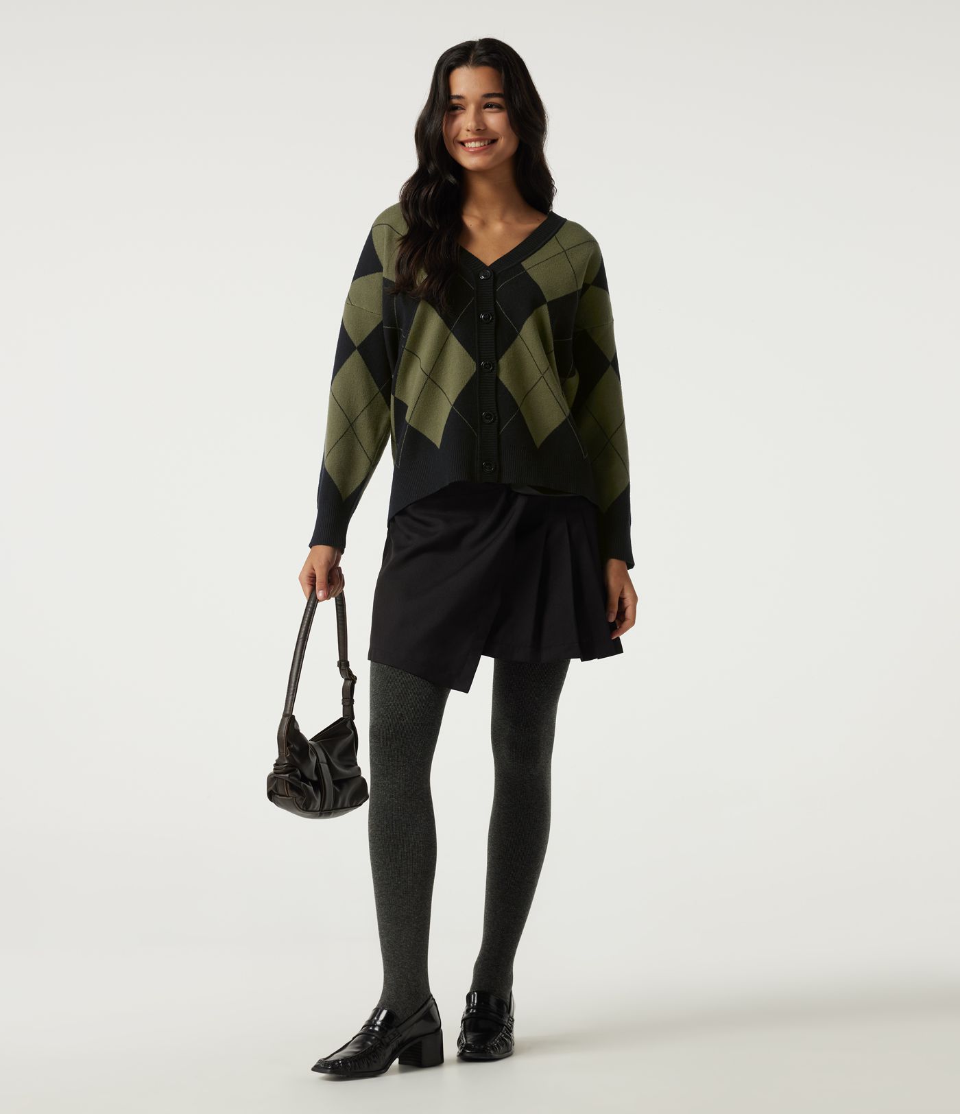 V Neck Long Sleeve Diamond Check Casual Cardigan V Neck Long Sleeve Diamond Check Casual Cardigan