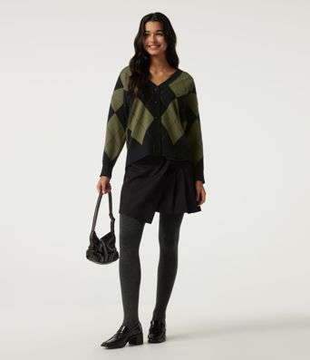 V Neck Long Sleeve Diamond Check Casual Cardigan V Neck Long Sleeve Diamond Check Casual Cardigan