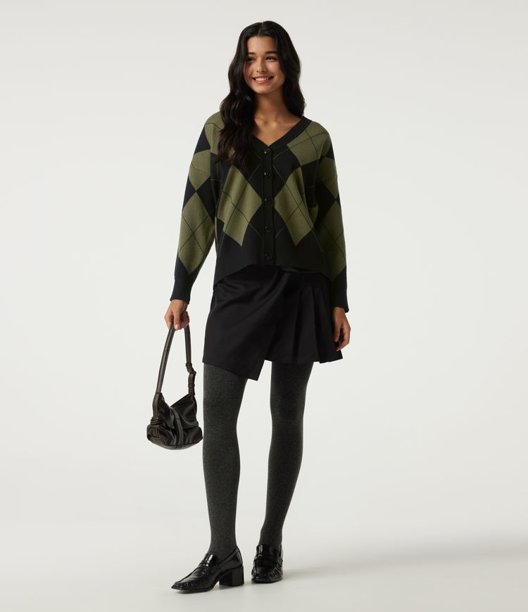 V Neck Long Sleeve Diamond Check Casual Cardigan V Neck Long Sleeve Diamond Check Casual Cardigan