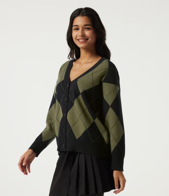 V Neck Long Sleeve Diamond Check Casual Cardigan V Neck Long Sleeve Diamond Check Casual Cardigan