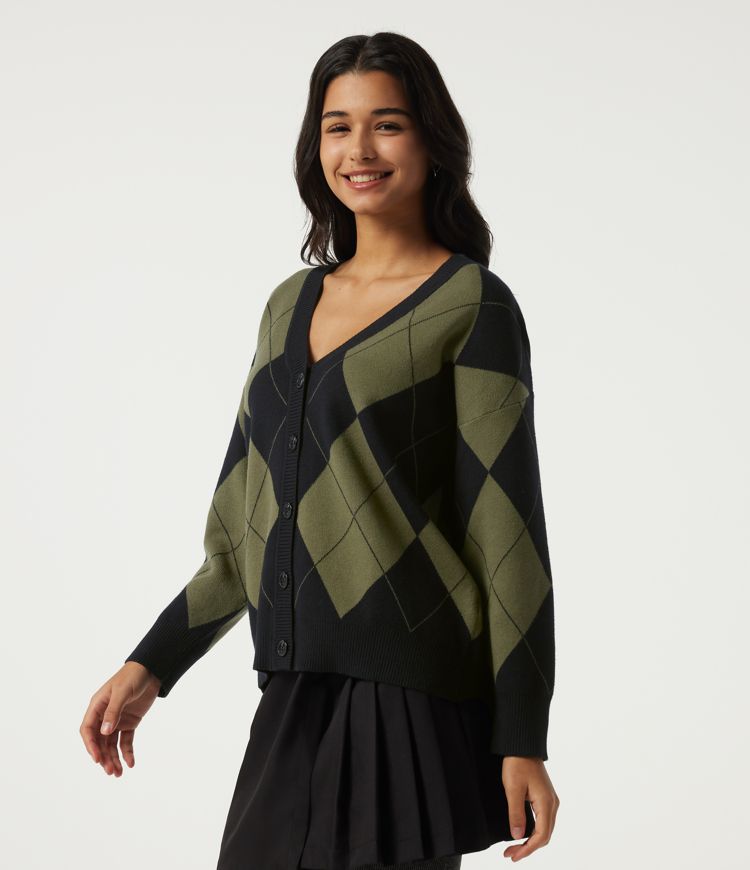V Neck Long Sleeve Diamond Check Casual Cardigan V Neck Long Sleeve Diamond Check Casual Cardigan
