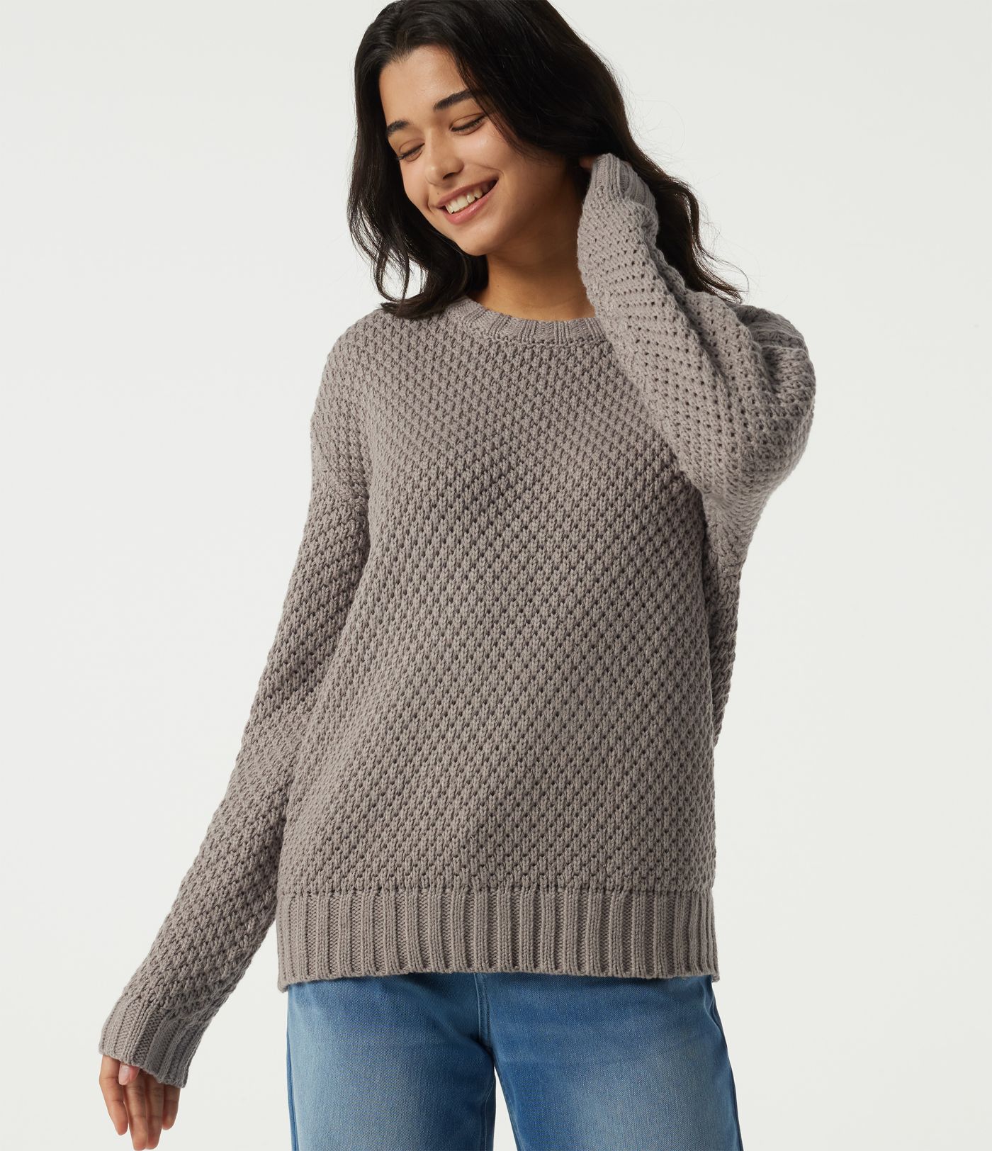 Round Neck Dropped Shoulder Long Sleeve Work Sweater Round Neck Dropped Shoulder Long Sleeve Work Sweater