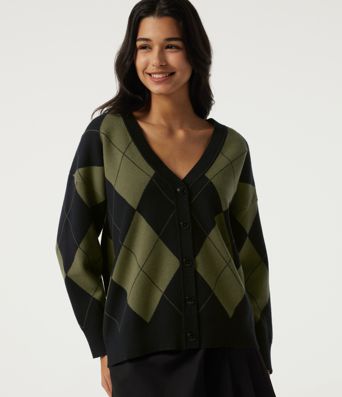 V Neck Long Sleeve Diamond Check Casual Cardigan V Neck Long Sleeve Diamond Check Casual Cardigan
