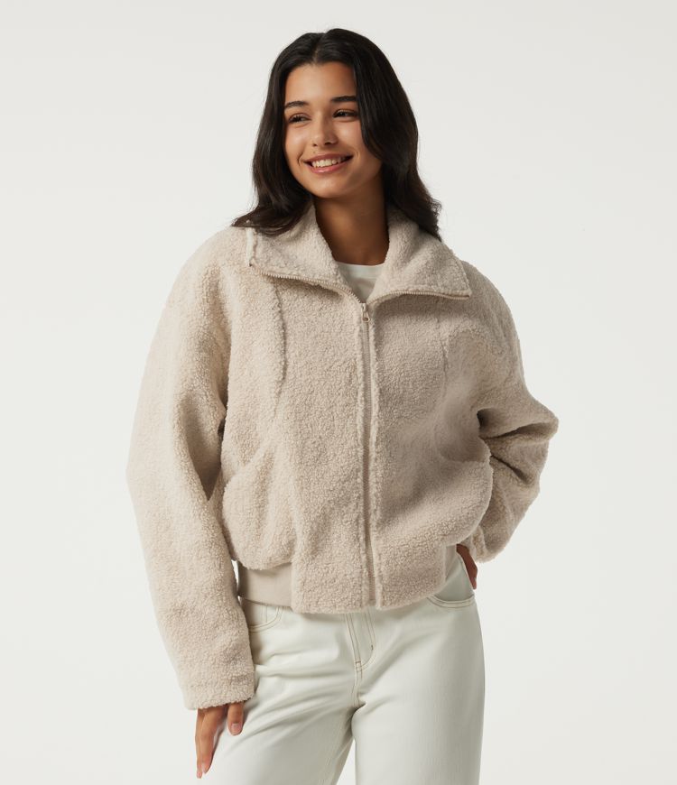 Lässige Sherpa-Jacke mit Stehkragen, Seitentaschen und langen Ärmeln