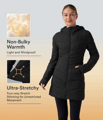 PuffFlex Hooded Longline Stretchy Casual Padded Jacket with Pockets