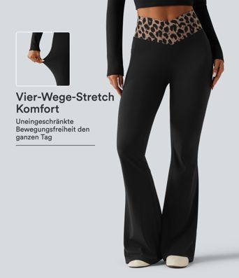 Halara UltraSculpt™ - Lässige Flare-Hose mit hohem Crossover-Bund, Seitentaschen, Leopardenmuster und InstantCool