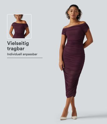 SoftlyZero™ - Schulterfreies, gerafftes Party-Midikleid mit Kontrast-Mesh - figurbetont