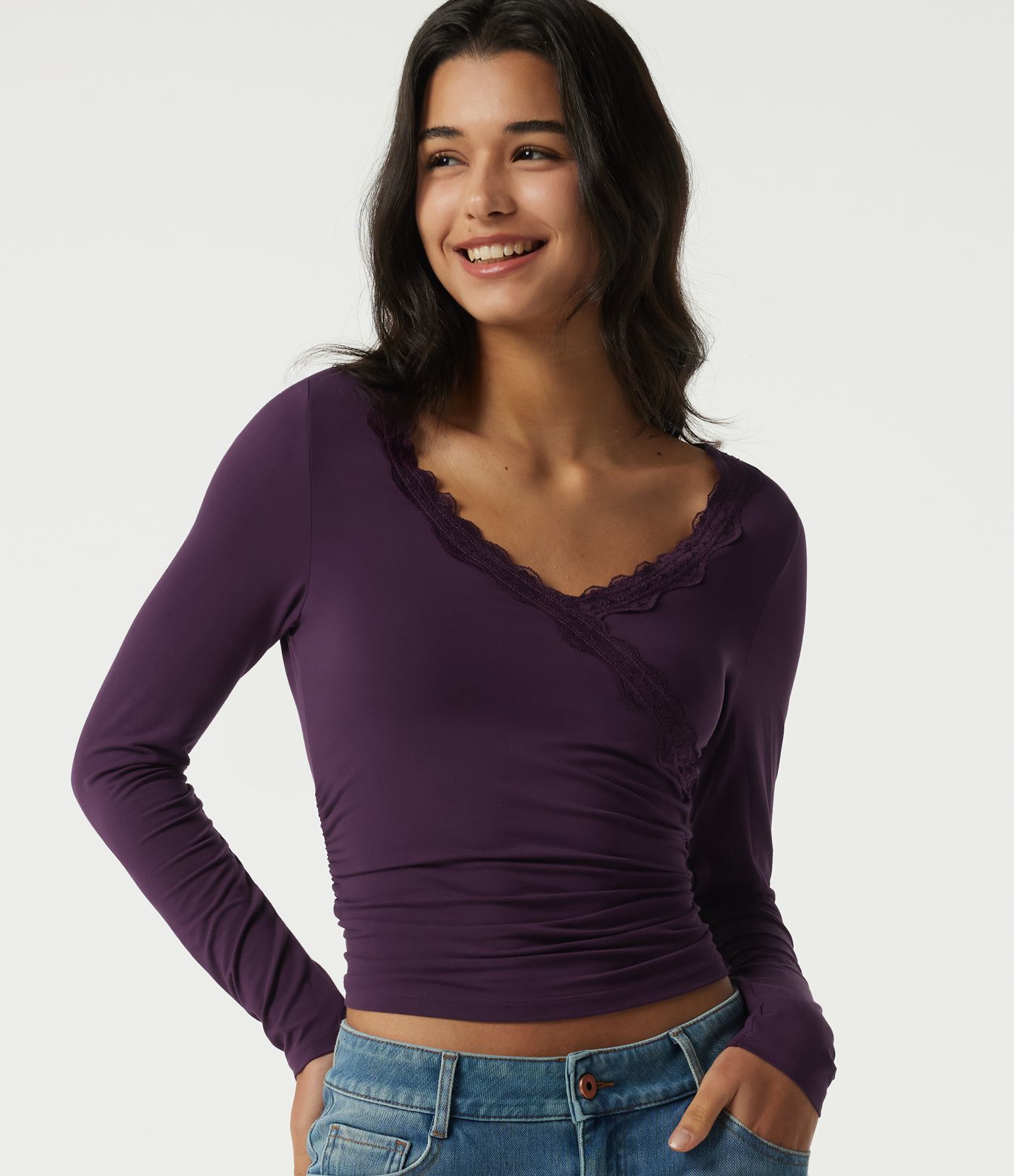 V Neck Long Sleeve Ruched Contrast Lace Casual Top V Neck Long Sleeve Ruched Contrast Lace Casual Top