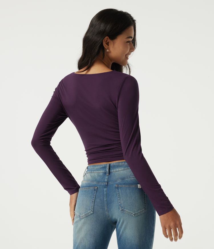 V Neck Long Sleeve Ruched Contrast Lace Casual Top V Neck Long Sleeve Ruched Contrast Lace Casual Top