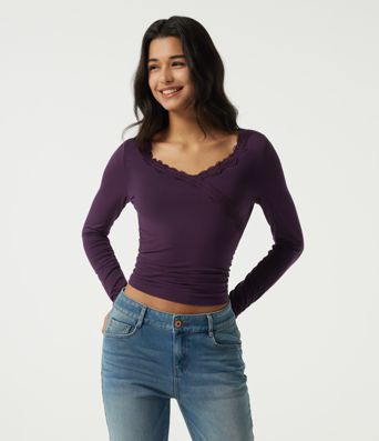 V Neck Long Sleeve Ruched Contrast Lace Casual Top V Neck Long Sleeve Ruched Contrast Lace Casual Top