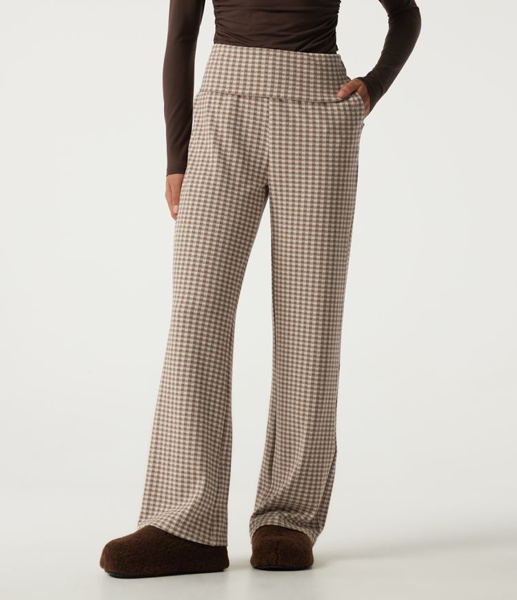 Mid Rise Foldover Wide Leg Plaid Lounge Pants with Pockets Mid Rise Foldover Wide Leg Plaid Lounge Pants with Pockets