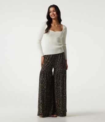 Hoch geschnittene, weite, lässige Hose mit Leopardenmuster und Taschen Hoch geschnittene, weite, lässige Hose mit Leopardenmuster und Taschen