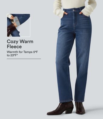 Mid Rise Straight Leg Fleece Casual Cotton Jeans with Pockets Mid Rise Straight Leg Fleece Casual Cotton Jeans with Pockets