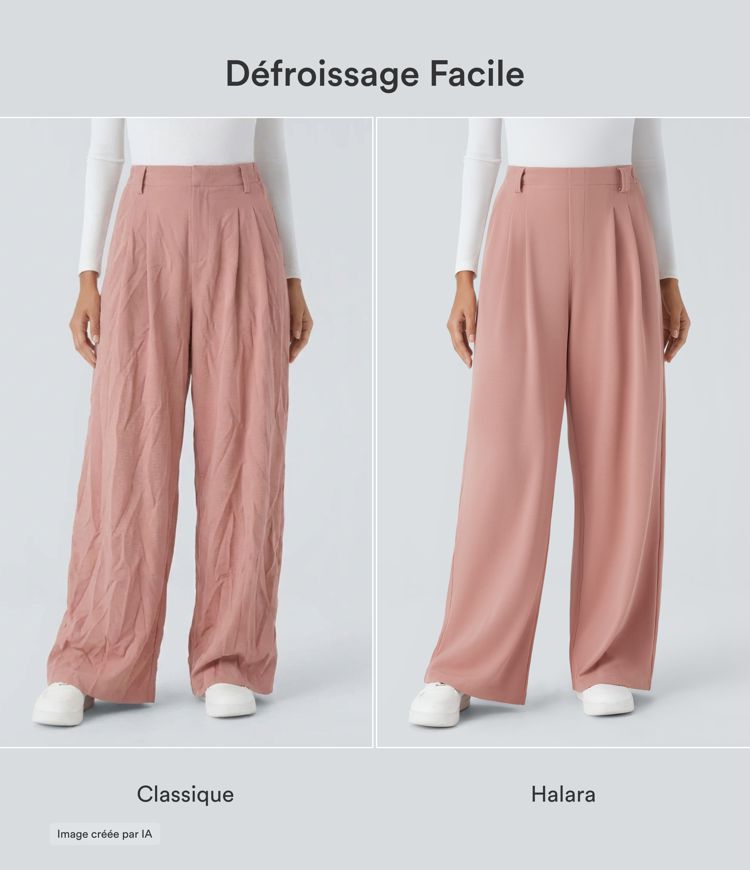 Halara Flex™ Pantalon Tailleur en tissu gaufré à taille haute, jambes larges, plis et poches latérales