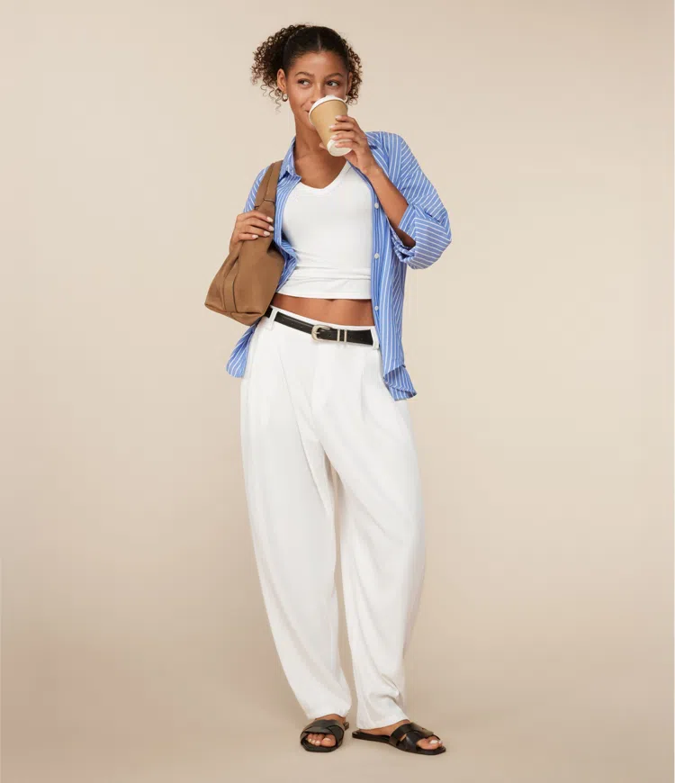 White Mid Rise Pocket Barrel Leg Work Trousers / 2