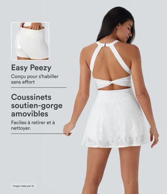 Gedrehtes, rückenfreies 2-in-1 Tanz-Minikleid aus Spitze mit Seitentaschen - Easy Peezy Edition Gedrehtes, rückenfreies 2-in-1 Tanz-Minikleid aus Spitze mit Seitentaschen - Easy Peezy Edition