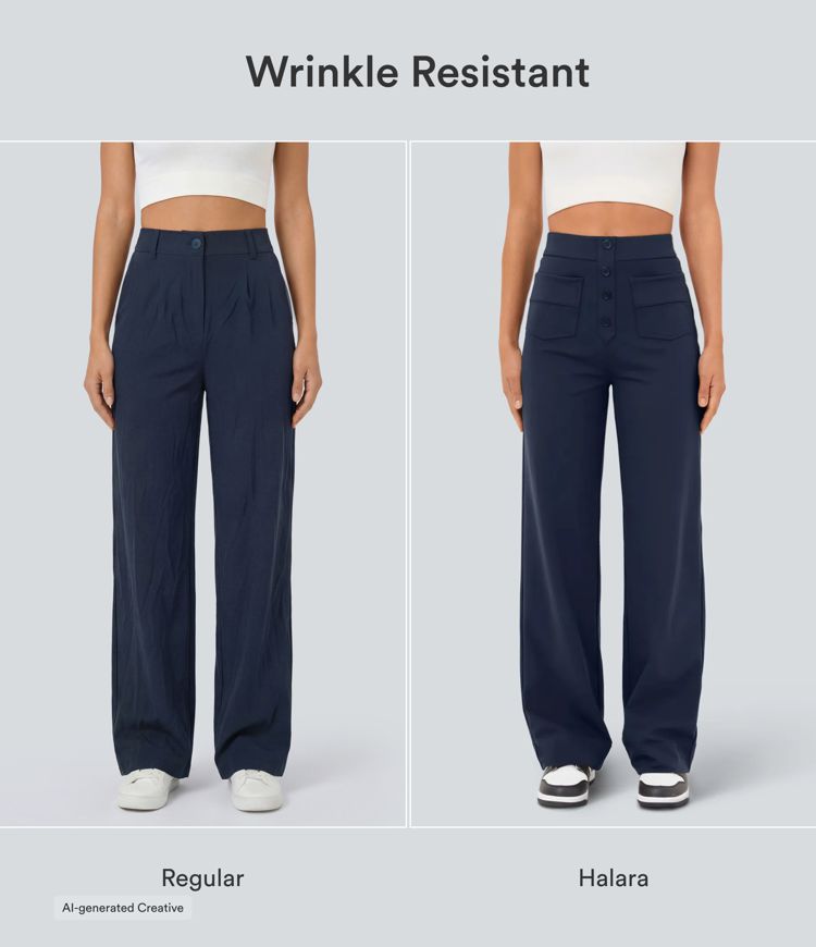 Pantalones casuales rectos de cintura alta con bolsillos, cómodos para el día a día