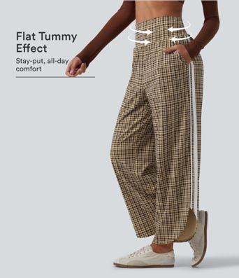 High Waisted Tummy Control Plaid Wide Leg Running Pants with Pockets High Waisted Tummy Control Plaid Wide Leg Running Pants with Pockets