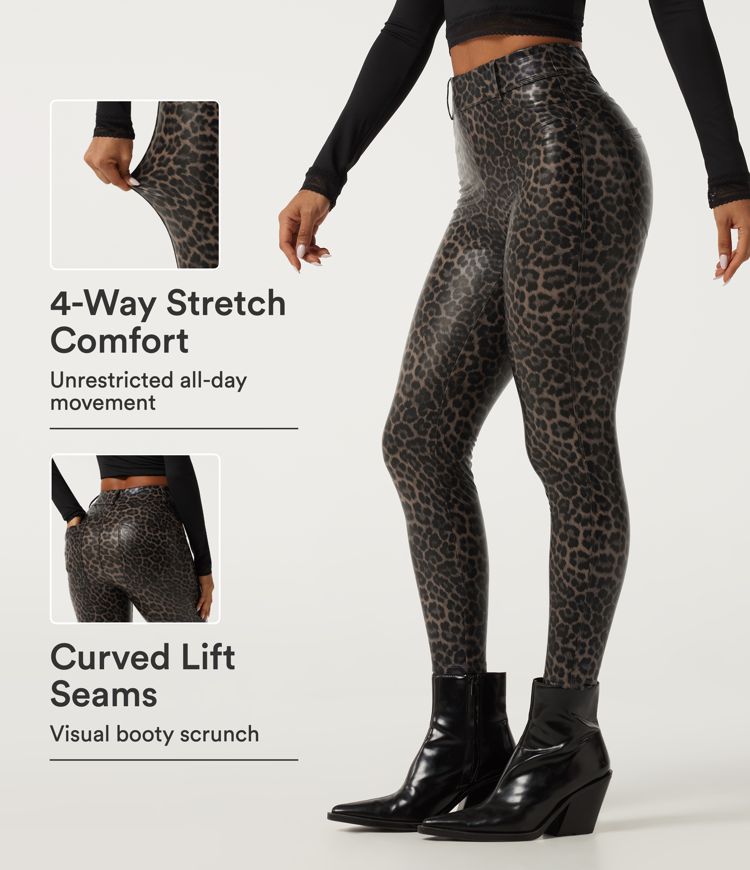 High Waisted Stretchy PU Leopard Print Casual Leggings with Pockets
