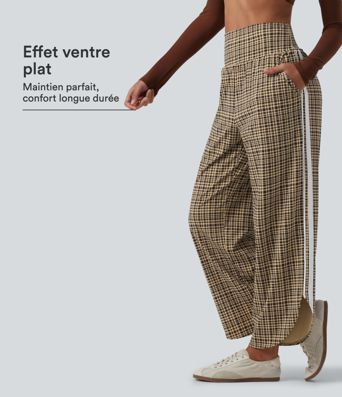 Pantalon de running à carreaux, taille haute gainante et coupe large avec poches Pantalon de running à carreaux, taille haute gainante et coupe large avec poches