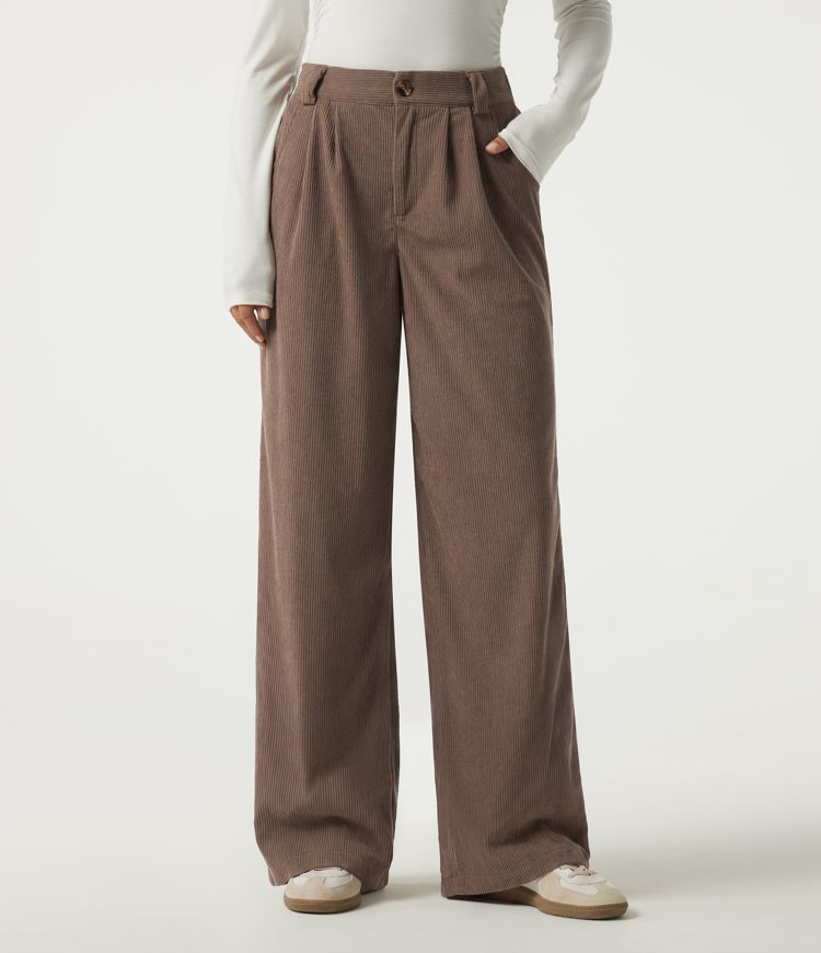 Mid Rise Straight Leg Corduroy Casual Pants with Pockets