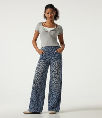 Halara Flex™ High Waisted Leopard Patterned Denim Casual Wide Leg Jeans with Pockets