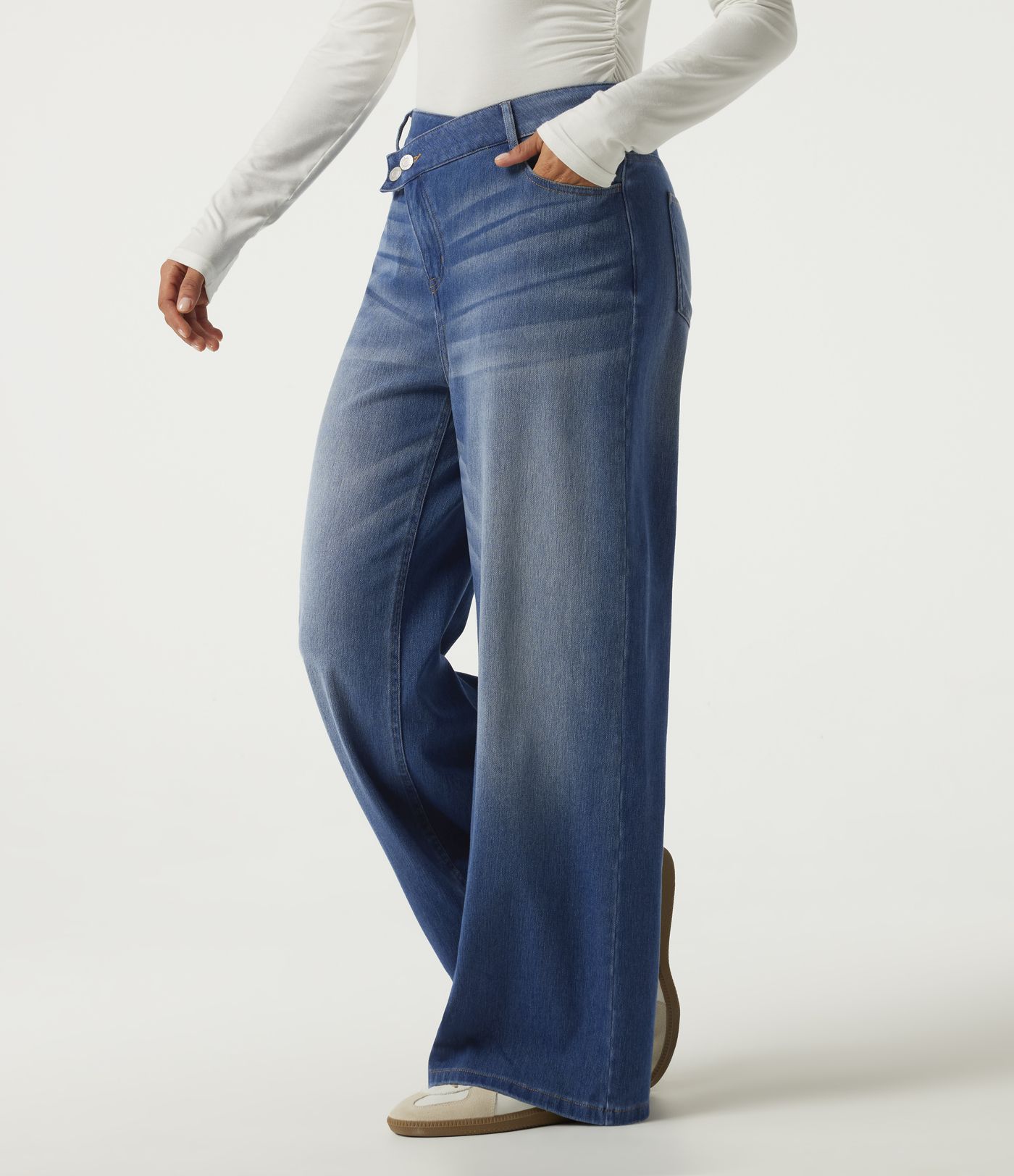 Halara Flex™ High Waisted Asymmetric Wide Leg Casual Jeans with Pockets