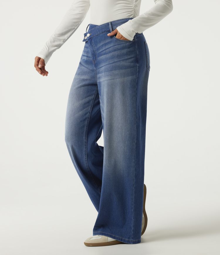 Halara Flex™ High Waisted Asymmetric Wide Leg Casual Jeans with Pockets
