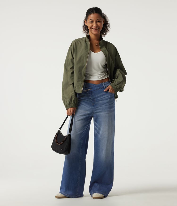 Halara Flex™ High Waisted Asymmetric Wide Leg Casual Jeans with Pockets