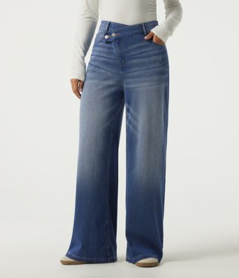 Halara Flex™ High Waisted Asymmetric Wide Leg Casual Jeans with Pockets