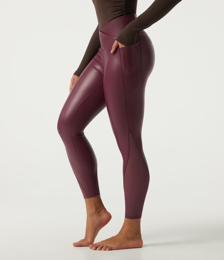 High Waisted Stretchy PU Crossover Contrast Mesh Casual Leggings with Pockets