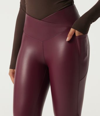 High Waisted Stretchy PU Crossover Contrast Mesh Casual Leggings with Pockets