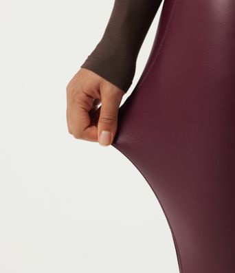 High Waisted Stretchy PU Crossover Contrast Mesh Casual Leggings with Pockets