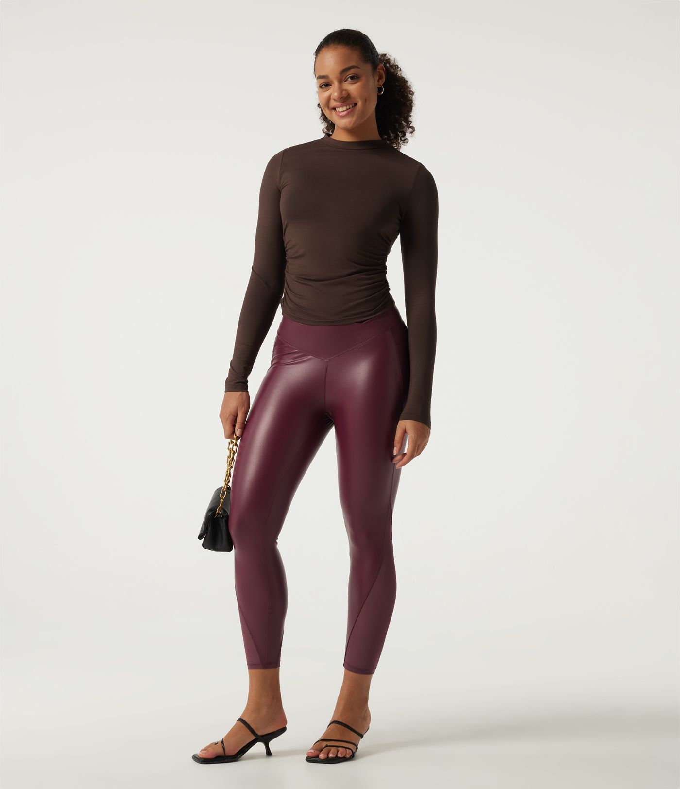 High Waisted Stretchy PU Crossover Contrast Mesh Casual Leggings with Pockets