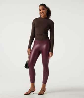 High Waisted Stretchy PU Crossover Contrast Mesh Casual Leggings with Pockets