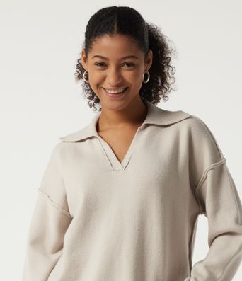 Polo Neck Long Sleeve Dropped Shoulder Casual Sweater