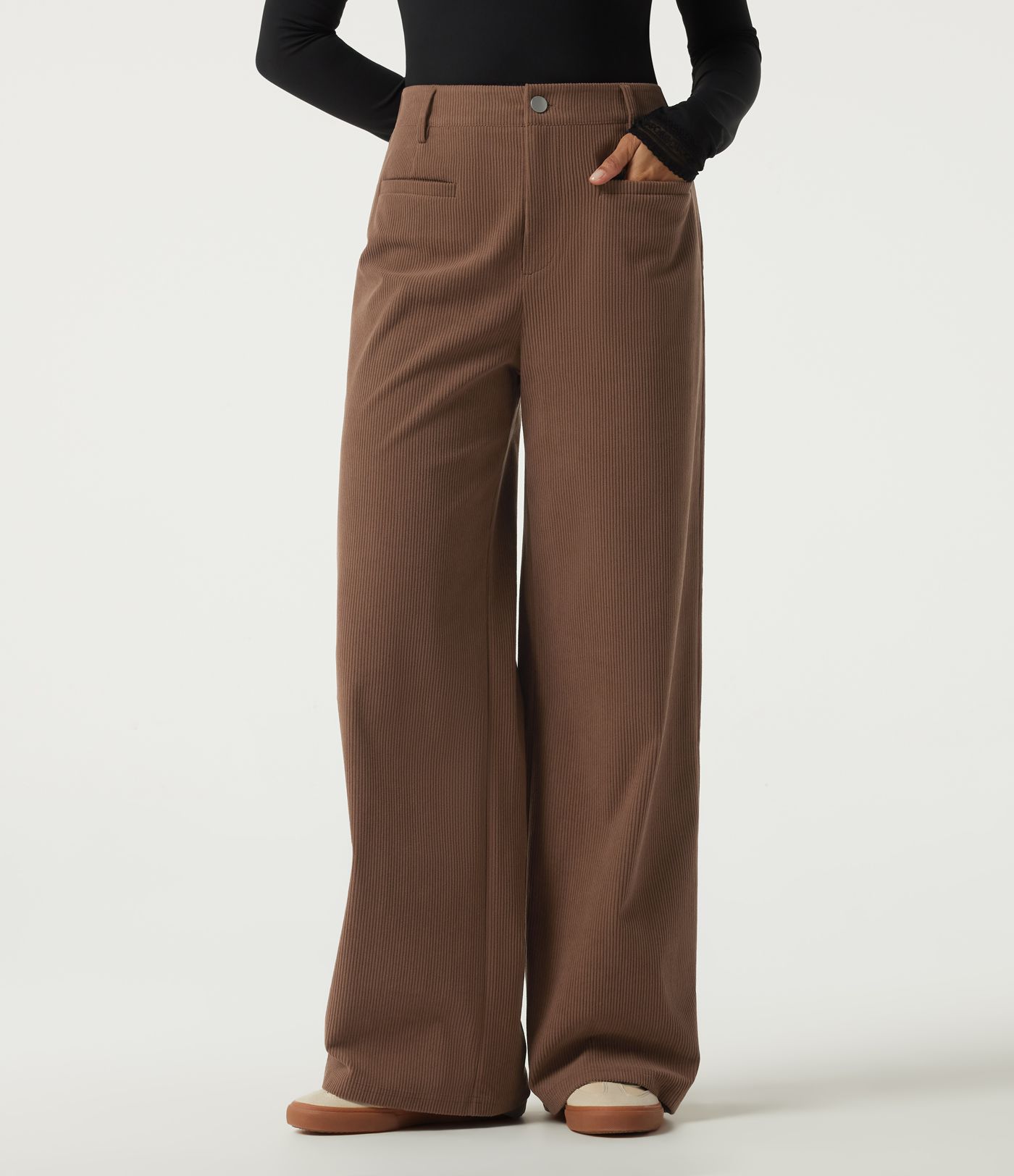 High Waisted Wide Leg Corduroy Casual Pants with Pockets
