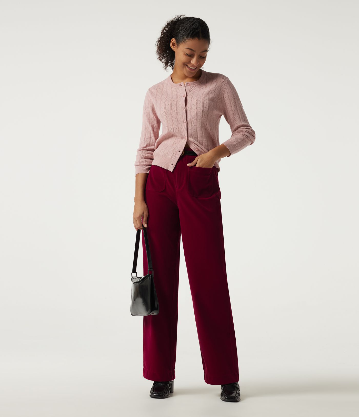 Pantalon décontracté en velours taille haute à jambe droite avec poches
