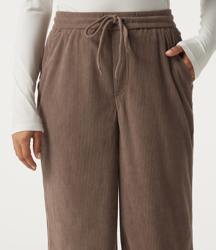 High Waisted Drawstring Wide Leg Corduroy Casual Pants with Pockets